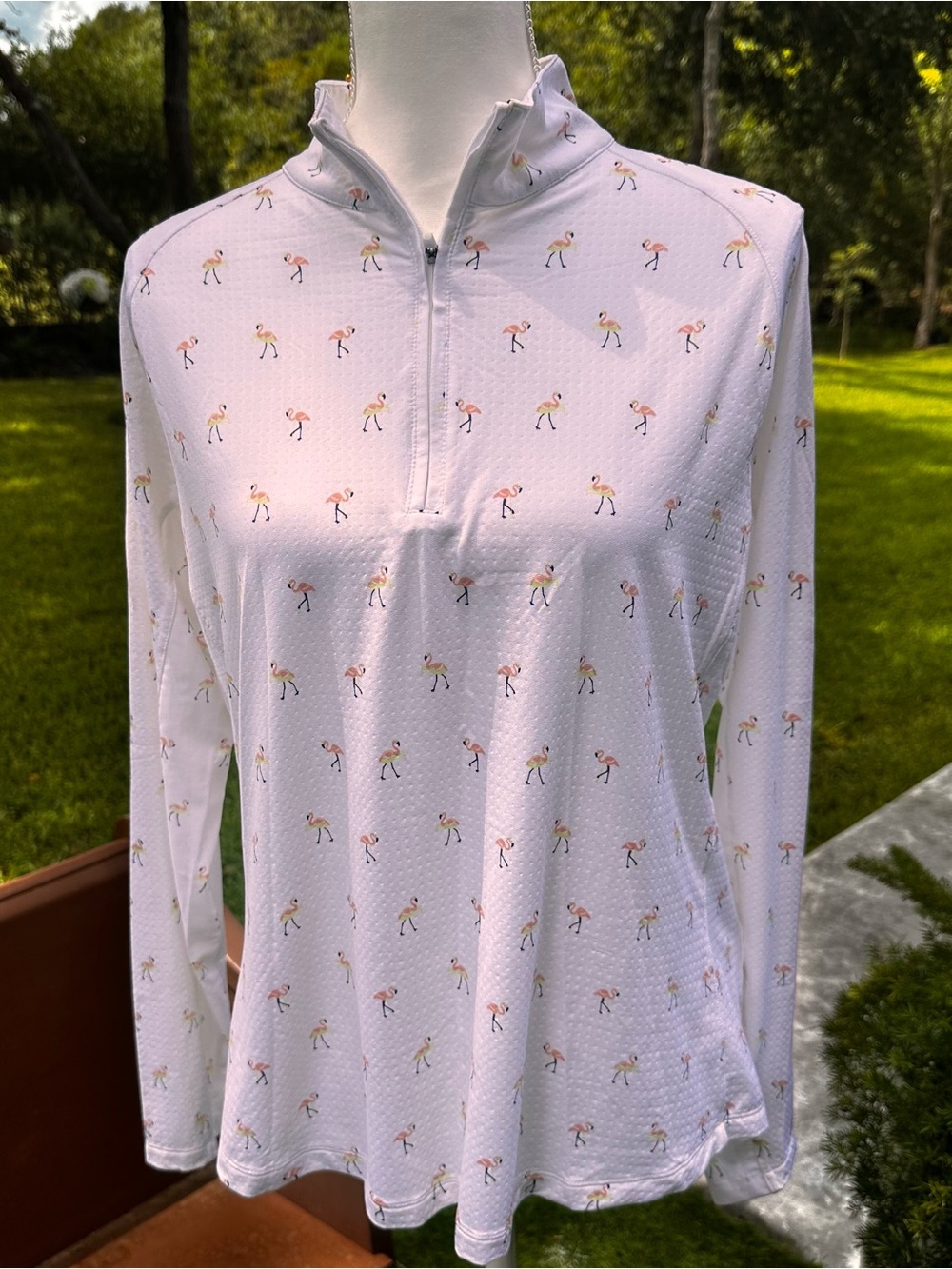 Women’s ' Long-Sleeve Quarter-Zip Top in White with Flamingo Print golf/tennis